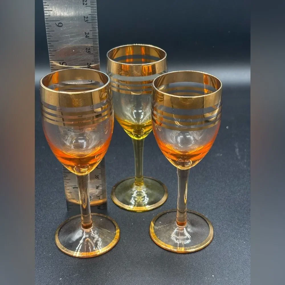 Vtg. (3) Amber Optic Gold Trim Sherry Cordial Stem Glasses Orange Yellow MCM